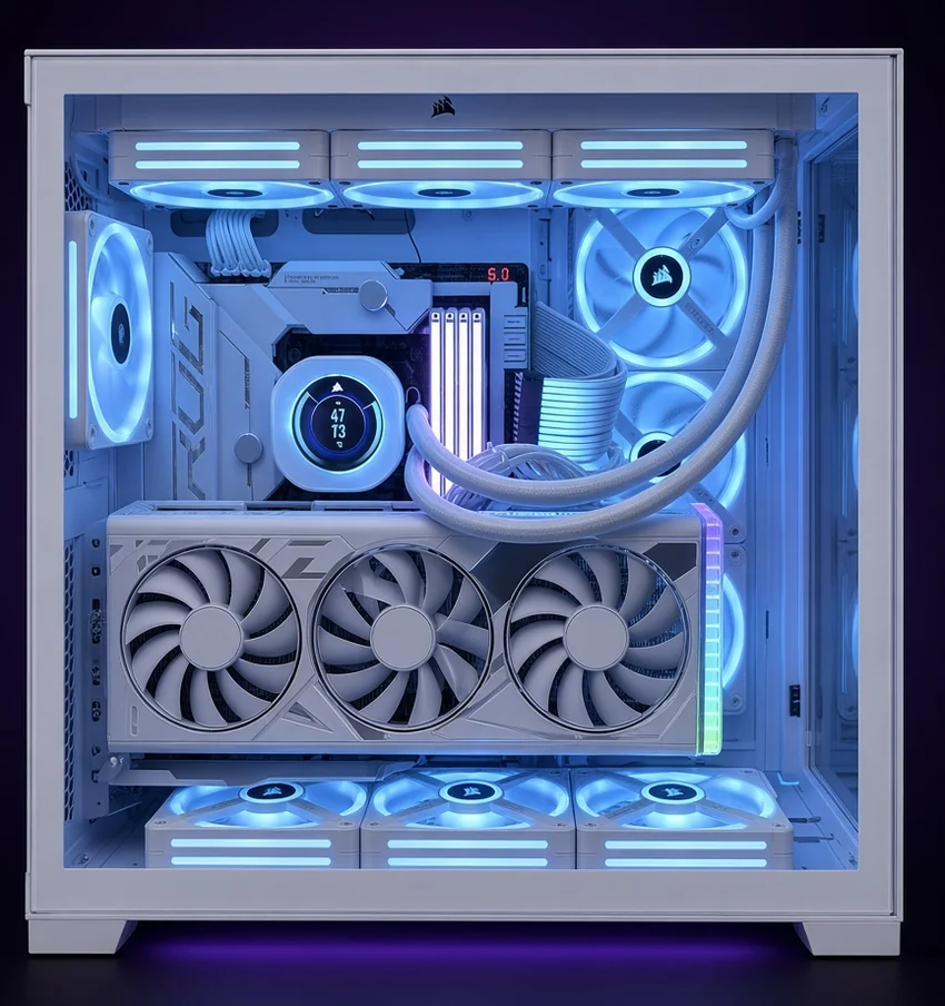 Weißer PC mit blauer Beleuchtung und sichtbar montierter Grafikkarte.