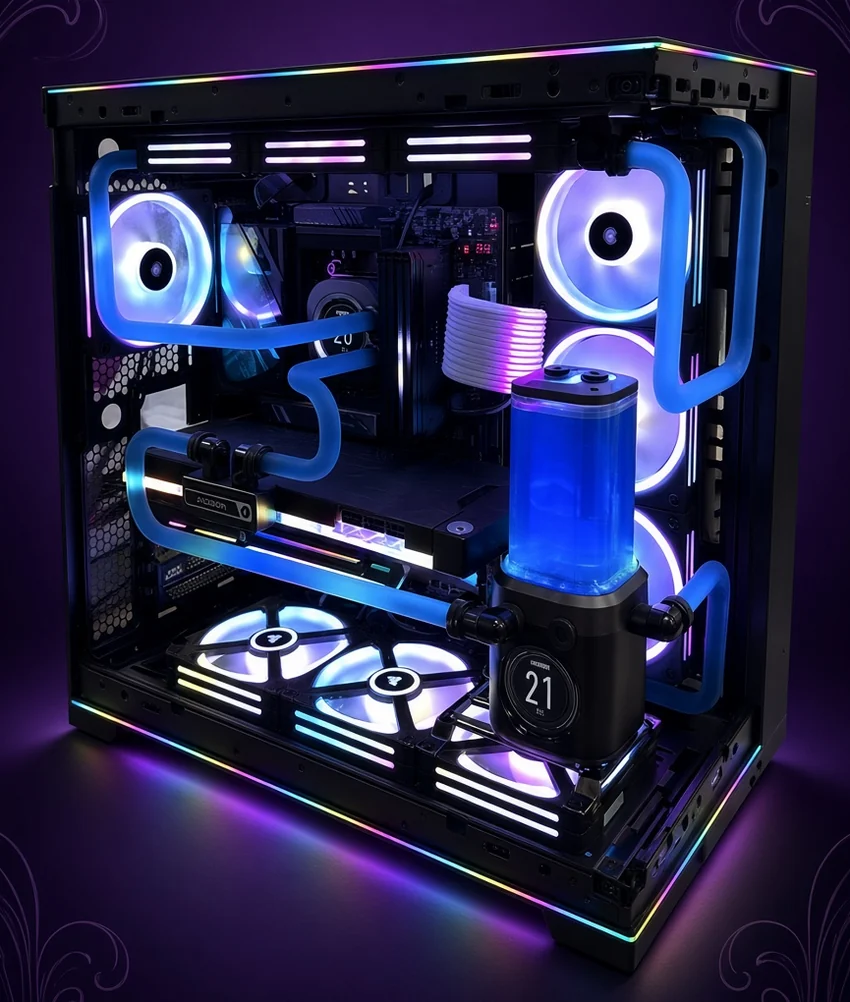 Schwarzer PC mit blauen Kühlleitungen und beleuchtetem Ausgleichsbehälter.