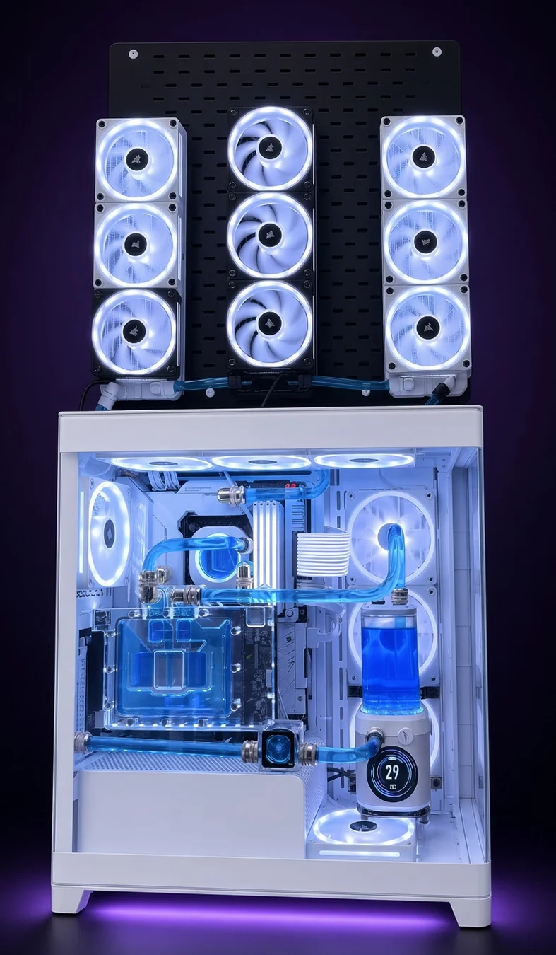 Eigener weißer PC mit blauem Kühlkreislauf und außergewöhnlicher externer Kühllösung mit mehreren Lüftern oberhalb des Gehäuses.