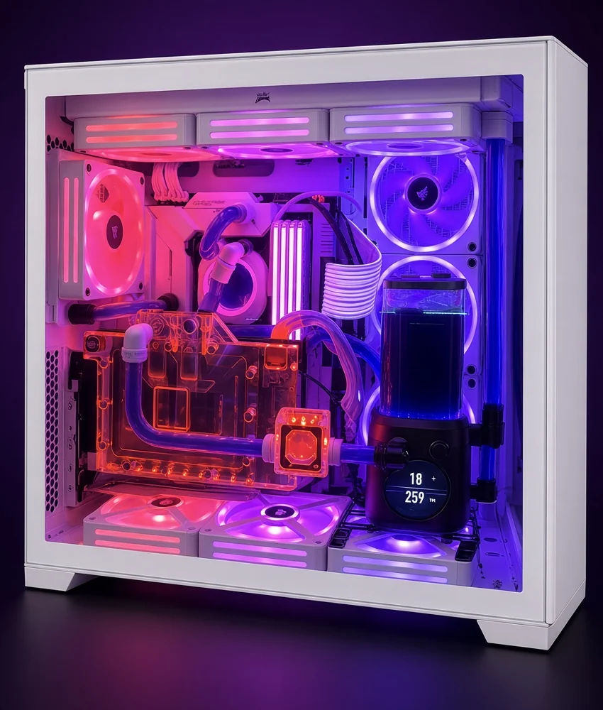 Weißer PC mit violetter und roter Beleuchtung sowie sichtbarem Kühlkreislauf.