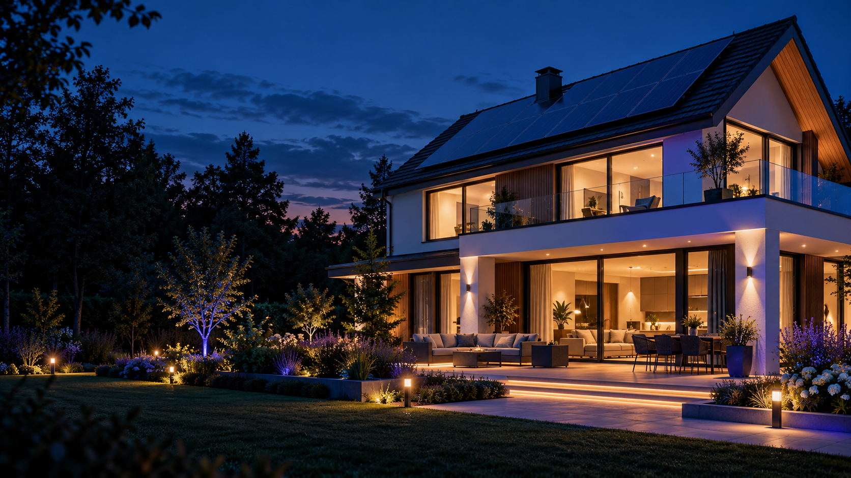 Illustratives KI-Motiv: modernes beleuchtetes Wohnhaus bei Abenddämmerung mit Photovoltaikanlage auf dem Dach.