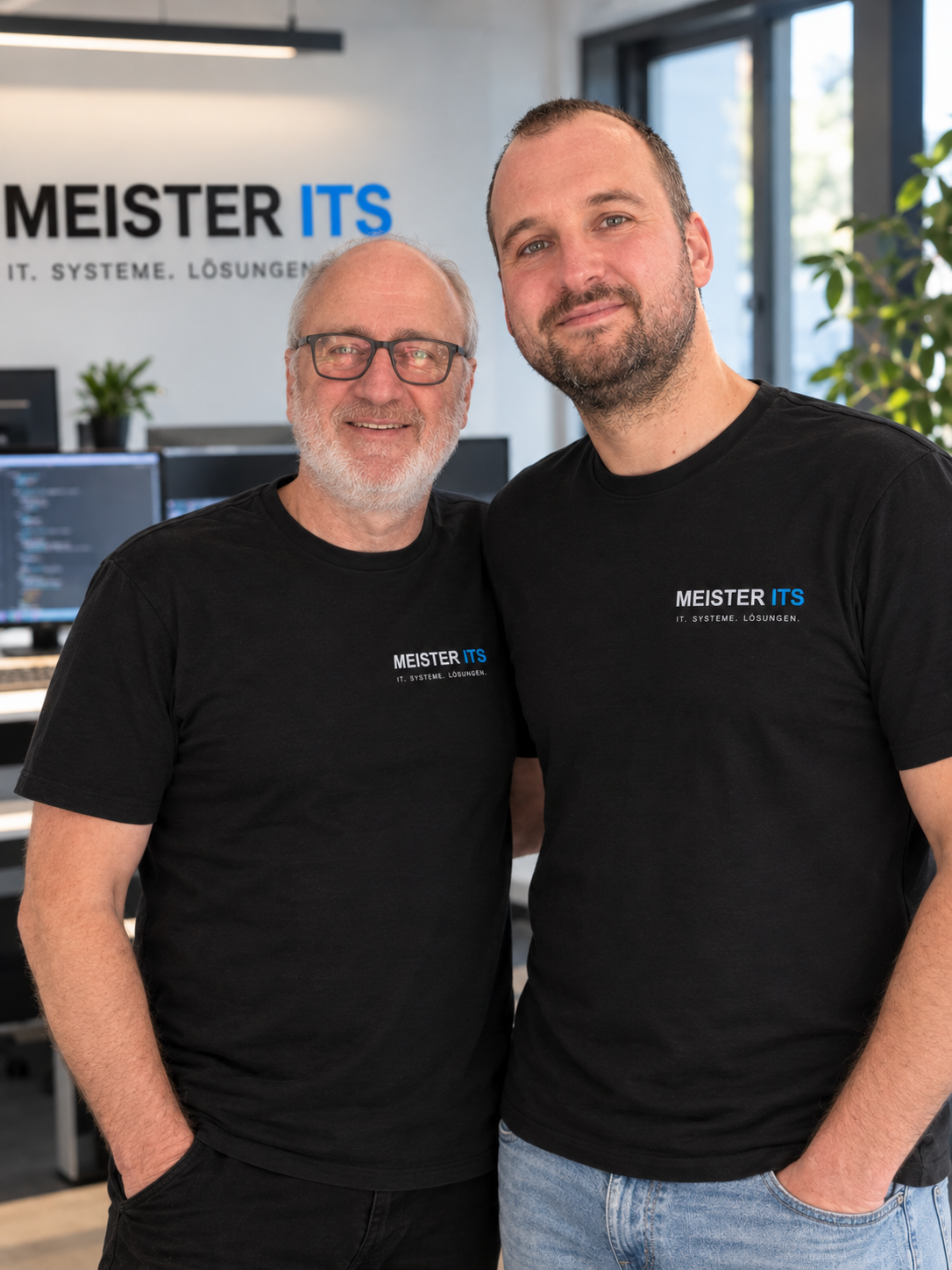 Vater und Sohn im freigegebenen, KI-bearbeiteten MEISTER-ITS-Teamfoto.